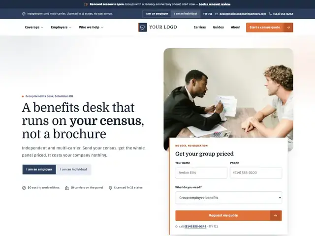 Full-page screenshot of the Meridian Benefit Partners health benefits website