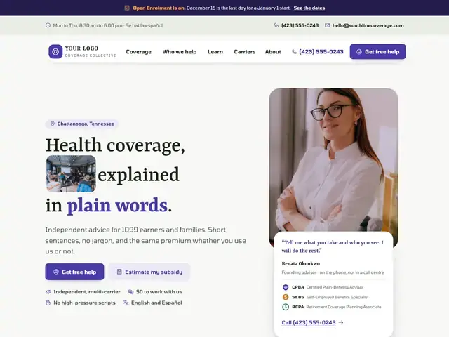 Full-page screenshot of the Southline Coverage Collective health benefits website